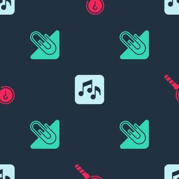 Set Unknown search, Music note, tone and Paper clip on seamless pattern. Vect Stock Illustration