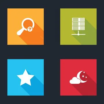 Set Unknown search, Server, Data, Web Hosting, Star and Cloud with moon and Illustrazione stock