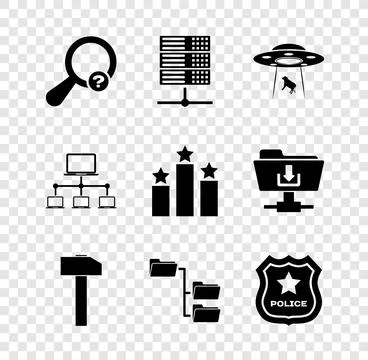 Set Unknown search, Server, Data, Web Hosting, UFO abducts cow, Hammer, Folde Illustrazione stock