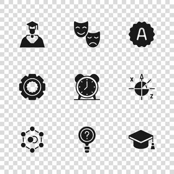 Set Unknown search, Trigonometric circle, Graduation cap, Alarm clock, Exam.. Illustrazione stock