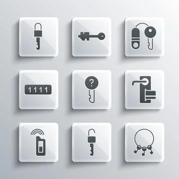 Set Unlocked key, Bunch of keys, Digital door, Undefined, Car with remote, .. Stock Illustration