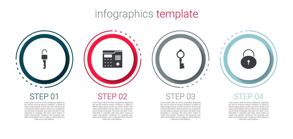 Set Unlocked key, House intercom system, Old and Lock. Business infographic Illustrazione stock