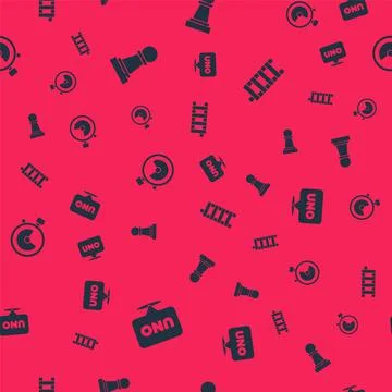 Set Uno card game, Chess, Stopwatch and Mahjong pieces on seamless pattern Stock Illustration