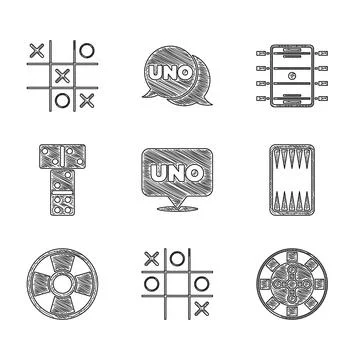 Set Uno card game, Tic tac toe, Casino roulette wheel, Backgammon board, chip Stock Illustration