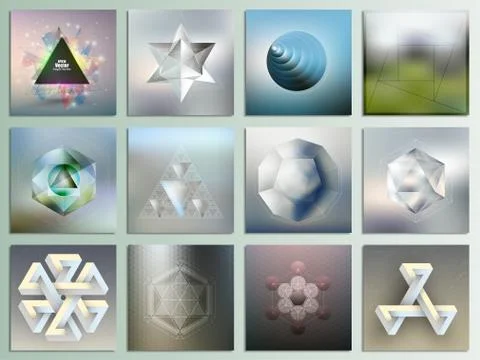 Set of unreal figures and polygon patterns with the reflection, abstract Stock Illustration