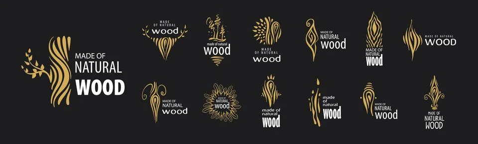 A set of unusual hand-drawn vector logos for the production of wood products Illustrazione stock