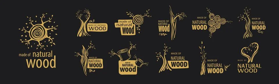 A set of unusual hand-drawn vector logos for the production of wood products Stockillustratie
