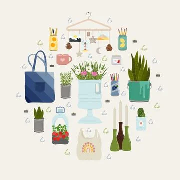 Set of upcycling elements in circle. Handmade and DIY secondary use. Ecolog.. Stock Illustration