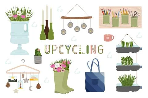 Set of upcycling elements. Handmade and DIY secondary use. Ecological, reas.. Stock Illustration