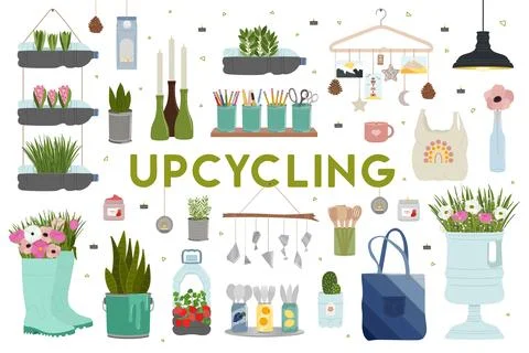 Set of upcycling elements. Handmade and DIY secondary use. Ecological, reas.. Stock Illustration