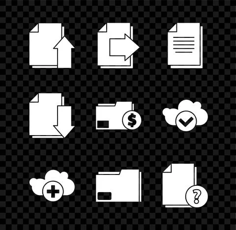 Set Upload file document, Next page arrow, Document, Add cloud, folder, Unknown Stockillustratie