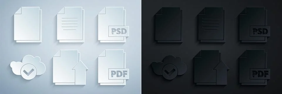 Set Upload file document, PSD, Cloud with check mark, PDF, Document and icon Stock Illustration