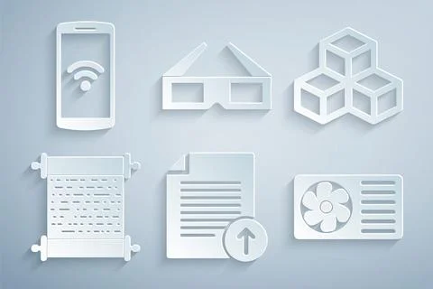 Set Upload file, Isometric cube, Paper scroll, Air conditioner, 3D cinema Stock Illustration