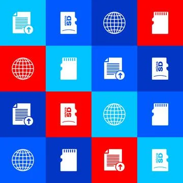 Set Upload file, Micro SD memory card, Earth globe and icon. Vector イラスト素材