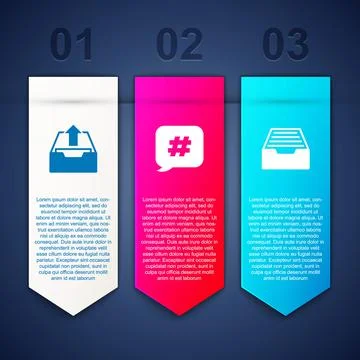 Set Upload inbox, Hashtag speech bubble and Drawer with documents. Business Stock Illustration