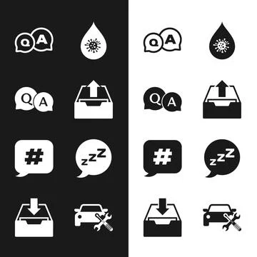Set Upload inbox, Question and Answer, Dirty water drop, Hashtag speech bubble Stock Illustration
