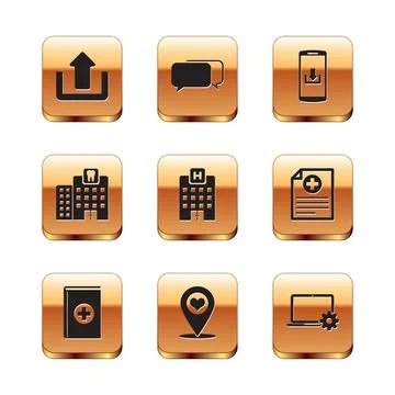 Set Upload, Medical book, Map pointer with heart, hospital building, Dental Stock Illustration