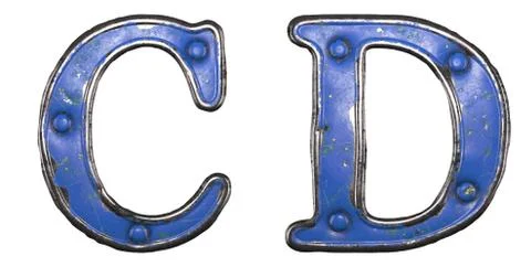 Set of uppercase letters C, D made of painted metal with blue rivets on white Illustrazione stock