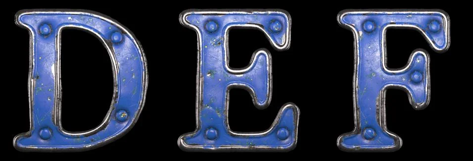 Set of uppercase letters D, E, F made of painted metal with blue rivets on black Stock Illustration