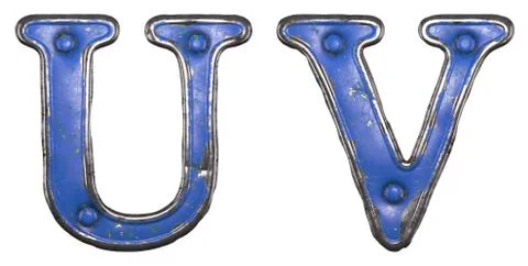Set of uppercase letters U, V made of painted metal with blue rivets on white Stock Illustration