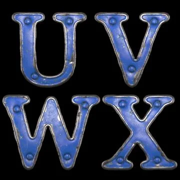 Set of uppercase letters U, V, W, X made of painted metal with blue rivets on Illustrazione stock