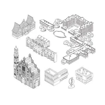 Set of urban structures, buildings and transport vector outline Stock Illustration