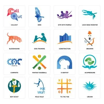 Set of urchin, tic tac toe, boy scout, d dentist, carparts, constraction, blo Illustrazione stock gratuita