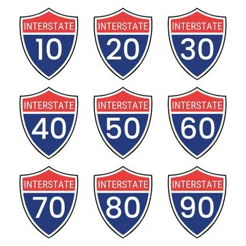 Set of US Interstate highway shields on transparent background 스톡 일러스트