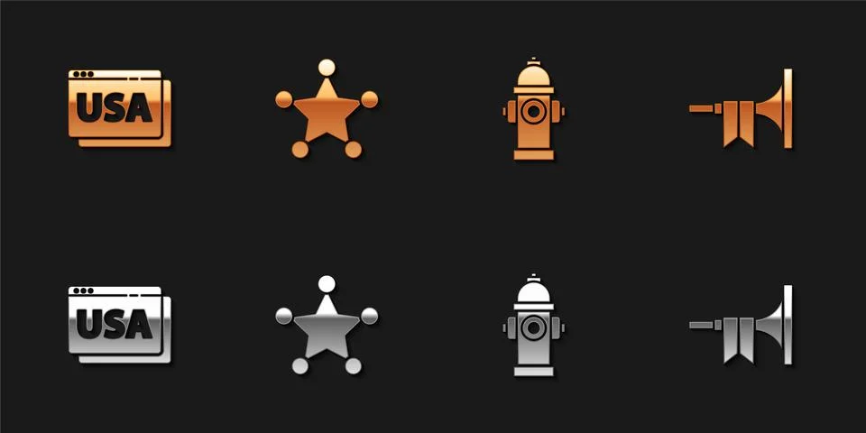 Set USA on browser, Hexagram sheriff, Fire hydrant and Trumpet icon. Vector 스톡 일러스트