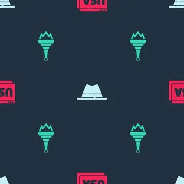 Set USA on browser, Man hat with ribbon and Torch flame on seamless pattern Stock Illustration