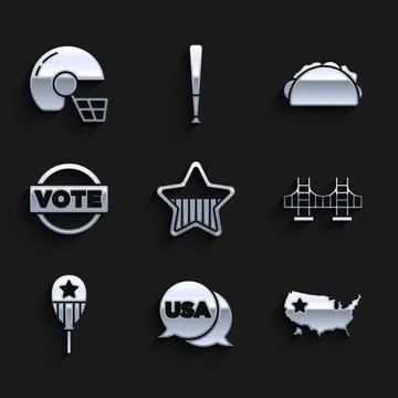 Set USA Independence day, map, Golden gate bridge, Balloons, Vote, Taco with Illustrazione stock