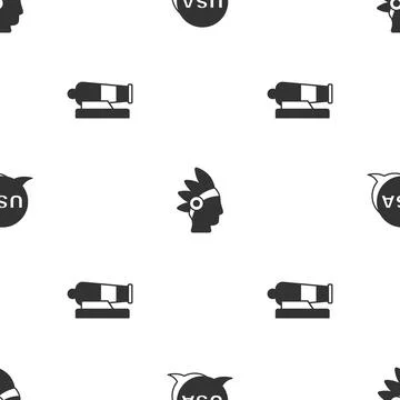Set USA Independence day, Native American Indian and Cannon on seamless pat.. Stock-Illustration