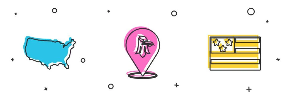 Set USA map, Eagle and American flag icon. Vector 스톡 일러스트