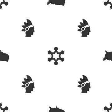 Set USA map, Hexagram sheriff and Native American Indian on seamless pattern. Stock Illustration