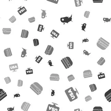 Set USA map, Independence day, Burger and on seamless pattern. Vector Stock Illustration