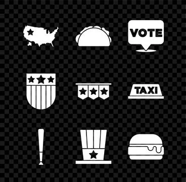 Set USA map, Taco with tortilla, Vote, Baseball bat, Patriotic American top.. Stock Illustration