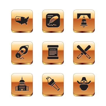 Set USA map, White House, Torch flame, Declaration of independence, Firework Stock Illustration