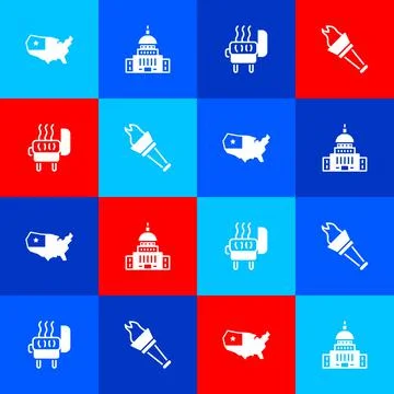Set USA map, White House, Barbecue grill and Torch flame icon. Vector Stock Illustration