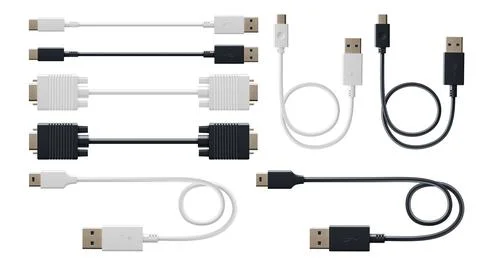 Set of usb and hdmi cables isolated on white Stock Illustration