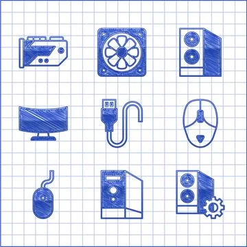 Set USB cable cord, Case of computer, Computer mouse, monitor screen, and Video 스톡 일러스트