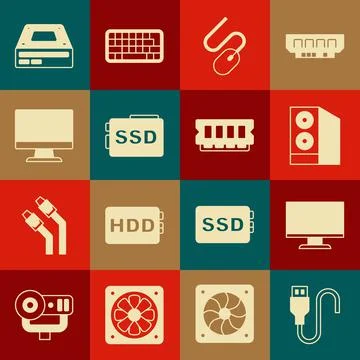 Set USB cable cord, Computer monitor screen, Case of computer, mouse, SSD card Stock Illustration