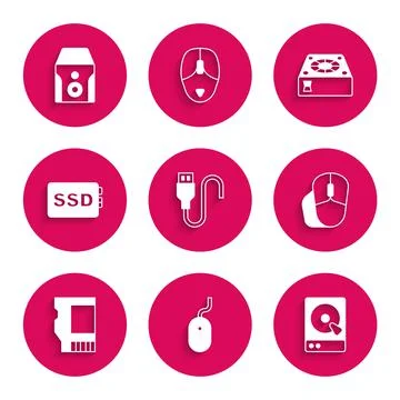Set USB cable cord, Computer mouse, Hard disk drive HDD, SD card, SSD, cooler Illustrazione stock