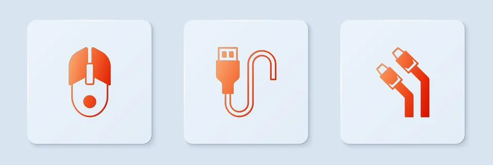 Set USB cable cord, Computer mouse and LAN network internet. White square button Illustrazione stock