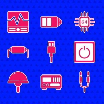Set USB cable cord, Electrical measuring instruments, Audio jack, light switch Stock Illustration