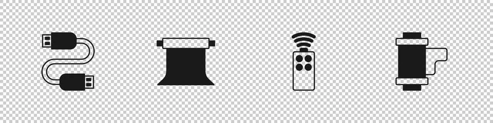 Set USB cable cord, Empty photo studio, Remote control for camera and Camera Stock Illustration