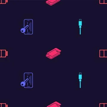 Set USB cable cord, Glass screen protector, and Battery on seamless pattern イラスト素材