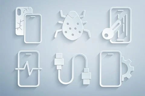 Set USB cable cord, Glass screen protector, Phone repair service, System bug and Stockillustratie