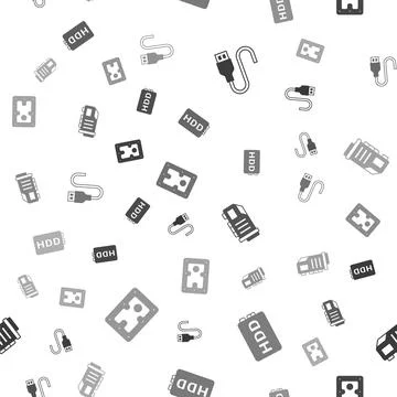 Set USB cable cord, Hard disk drive HDD, Video graphic card and on seamless Stock Illustration