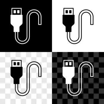 Set USB cable cord icon isolated on black and white, transparent background Stock Illustration