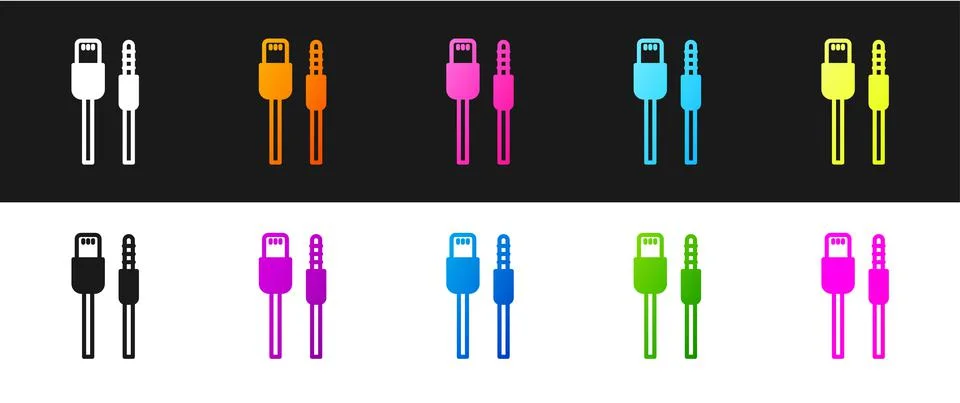 Set USB cable cord icon isolated on black and white background. Connectors and Illustrazione stock